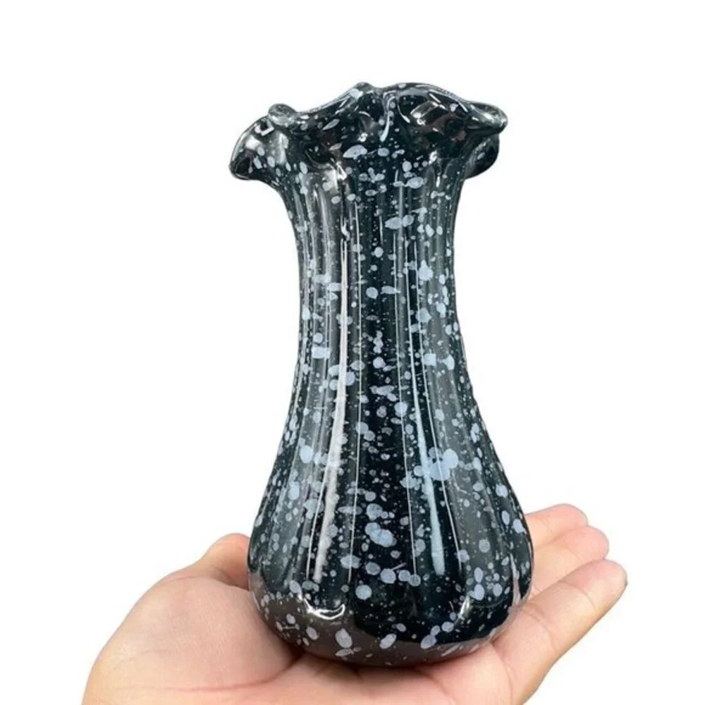 MCM Deena Savoy Vase Speckle Splatter Art Pottery Twist Top Black White Vintage‎